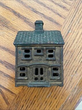 Vintage Cast Iron House bank - Brown with Green Patina